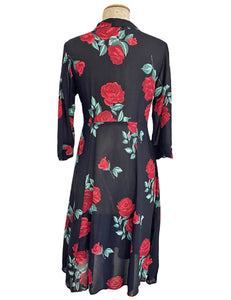 FINAL SALE - Sheer Romance Black & Red Rose 1940s Sleeved Vintage Day Dress