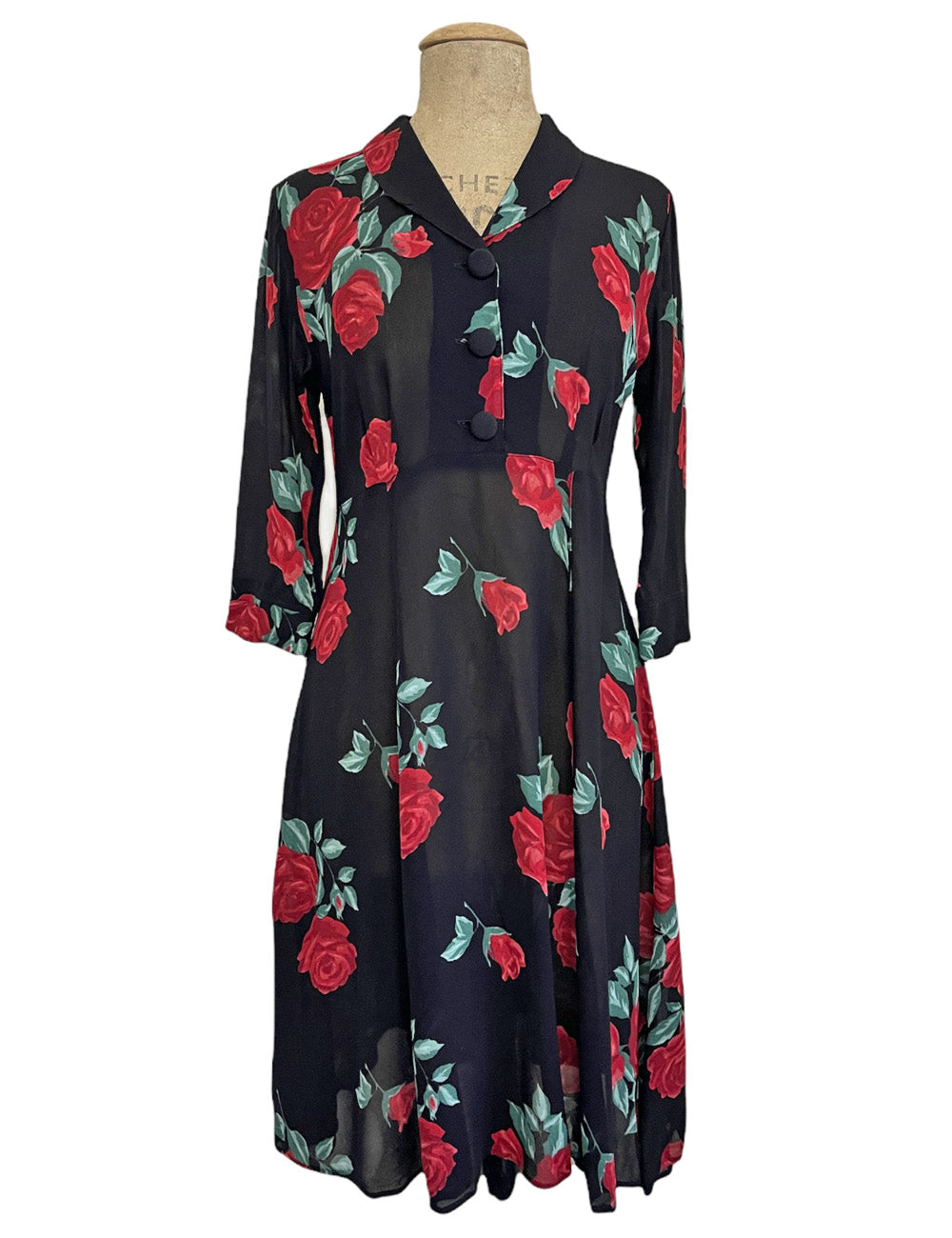 FINAL SALE - Sheer Romance Black & Red Rose 1940s Sleeved Vintage Day Dress