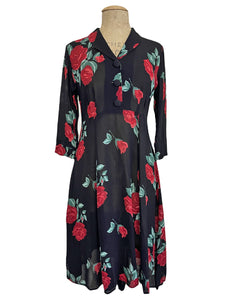 FINAL SALE - Sheer Romance Black & Red Rose 1940s Sleeved Vintage Day Dress