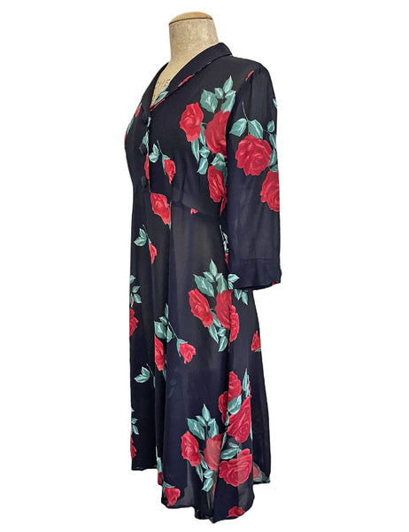 FINAL SALE - Sheer Romance Black & Red Rose 1940s Sleeved Vintage Day Dress