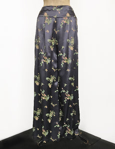 Stone Grey Printed Satin 1930s Style High Waisted Palazzo Pants