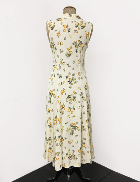 Ivory & Yellow Lemon Print Sleeveless Tea Length Vintage Day Dress