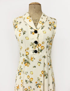 Ivory & Yellow Lemon Print Sleeveless Tea Length Vintage Day Dress