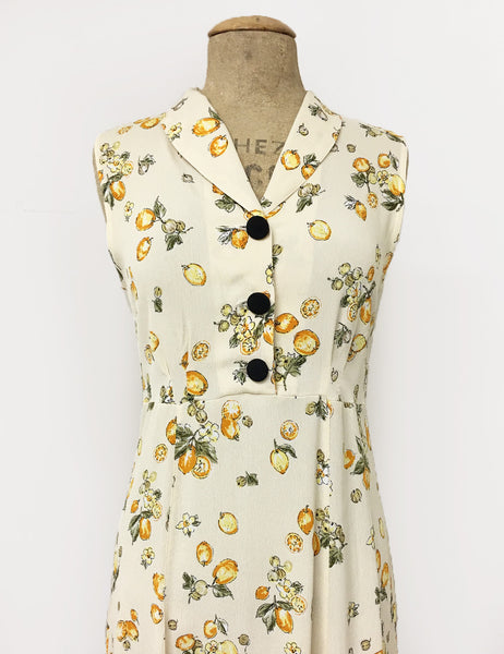 Ivory & Yellow Lemon Print Sleeveless Tea Length Vintage Day Dress