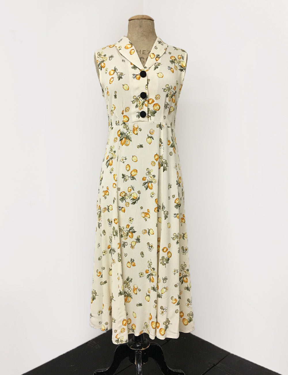 Ivory & Yellow Lemon Print Sleeveless Tea Length Vintage Day Dress
