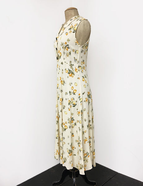 Ivory & Yellow Lemon Print Sleeveless Tea Length Vintage Day Dress