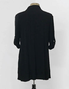 Solid Black Button Up Collared Hi-Low Blouse - FINAL SALE