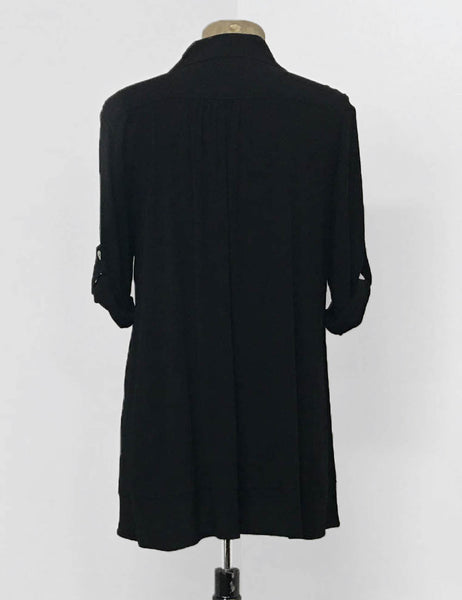 Solid Black Button Up Collared Hi-Low Blouse - FINAL SALE
