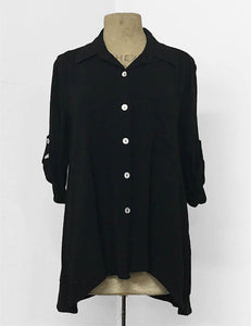 Solid Black Button Up Collared Hi-Low Blouse - FINAL SALE