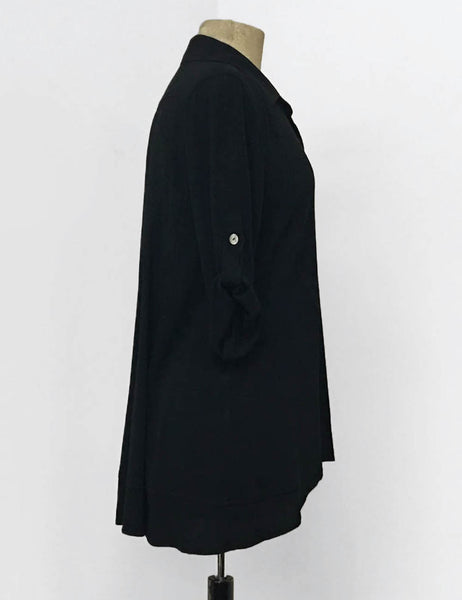 Solid Black Button Up Collared Hi-Low Blouse - FINAL SALE