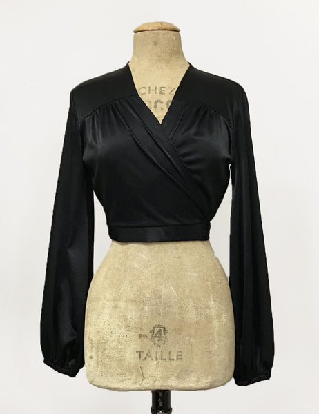 Black Satin Babaloo Vintage Inspired Wrap Crop Top