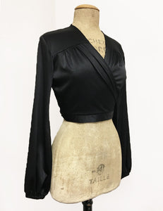Black Satin Babaloo Vintage Inspired Wrap Crop Top
