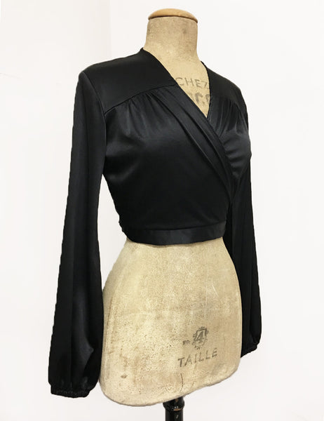 Black Satin Babaloo Vintage Inspired Wrap Crop Top