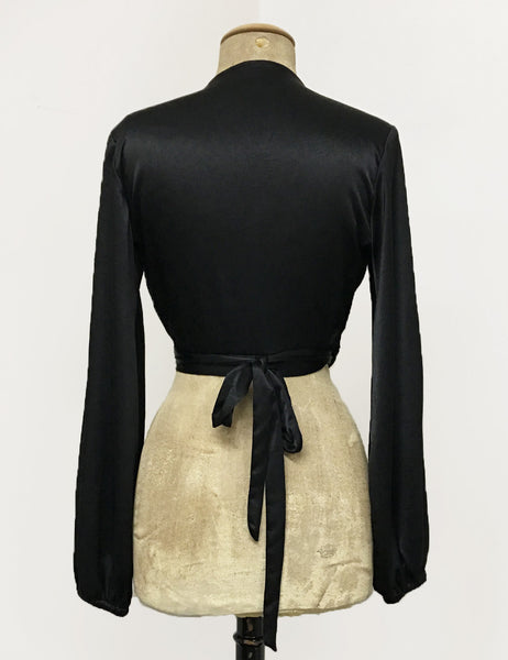 Black Satin Babaloo Vintage Inspired Wrap Crop Top