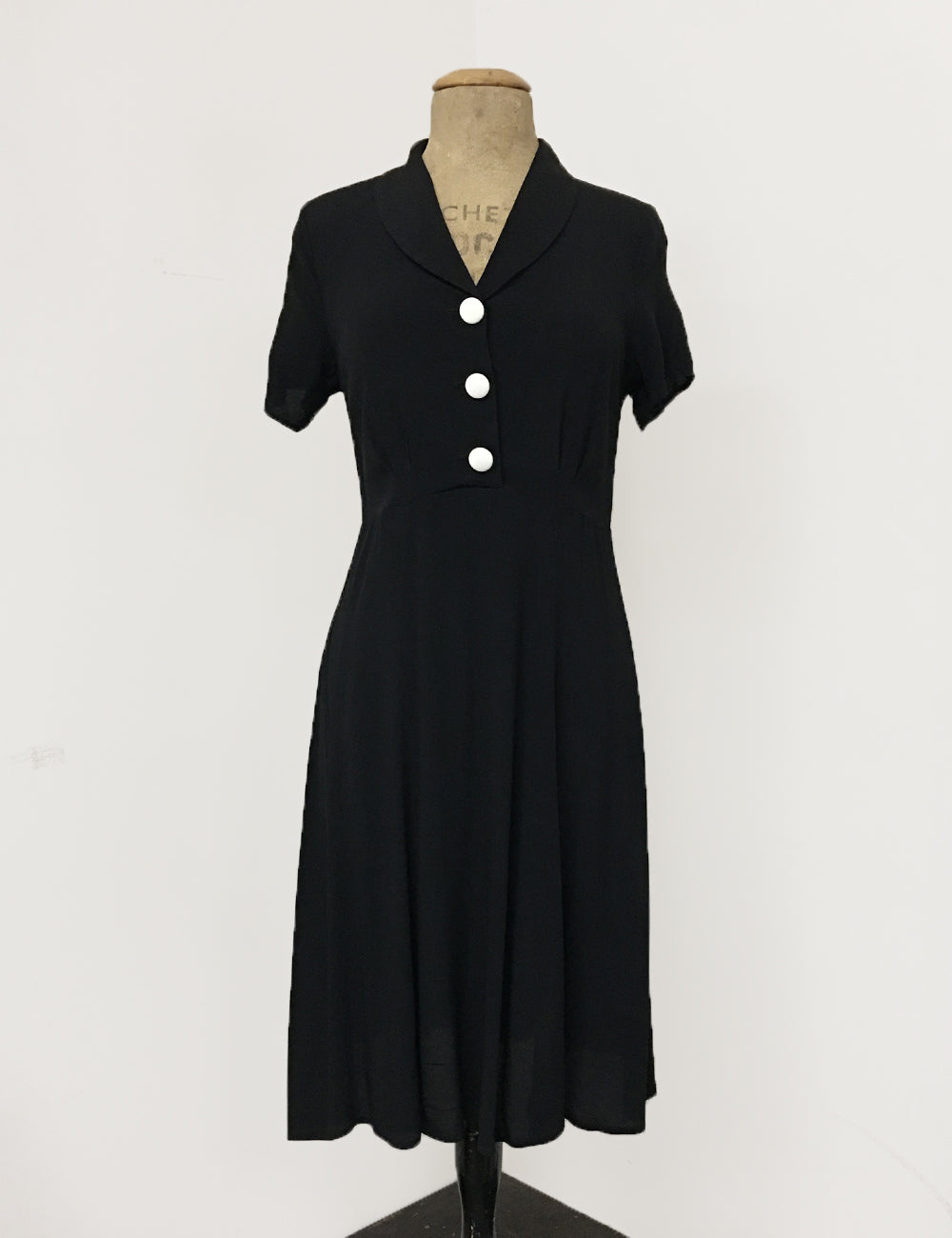 Solid Black Contrast Buttons Short Sleeve Vintage Day Dress - FINAL SALE