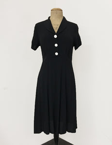 Solid Black Contrast Buttons Short Sleeve Vintage Day Dress - FINAL SALE