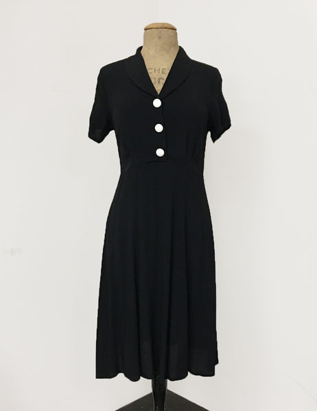 Solid Black Contrast Buttons Short Sleeve Vintage Day Dress - FINAL SALE