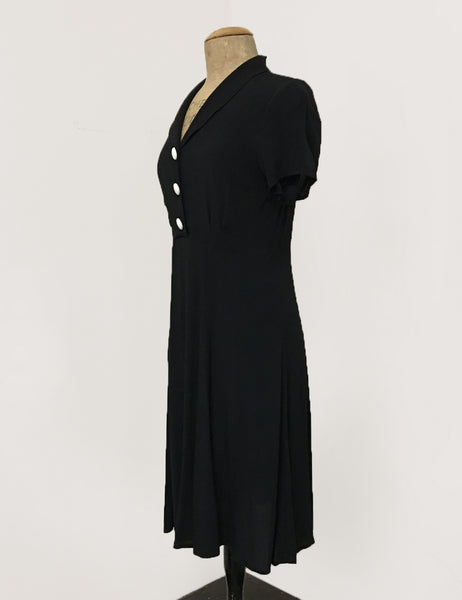 Solid Black Contrast Buttons Short Sleeve Vintage Day Dress - FINAL SALE