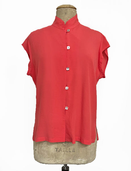 Solid Coral Pink 1930s Button Up Tea Timer Top