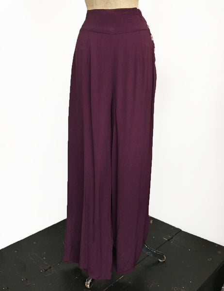 Solid Plum Retro 1940s Style High Waisted Palazzo Pants