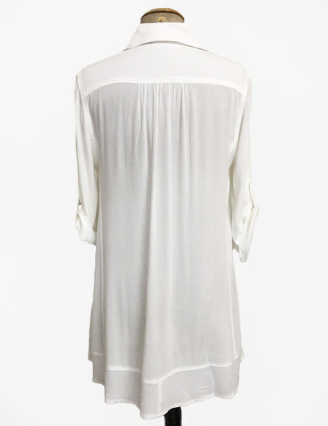 Solid White Summery Button Up Collared Hi-Low Blouse