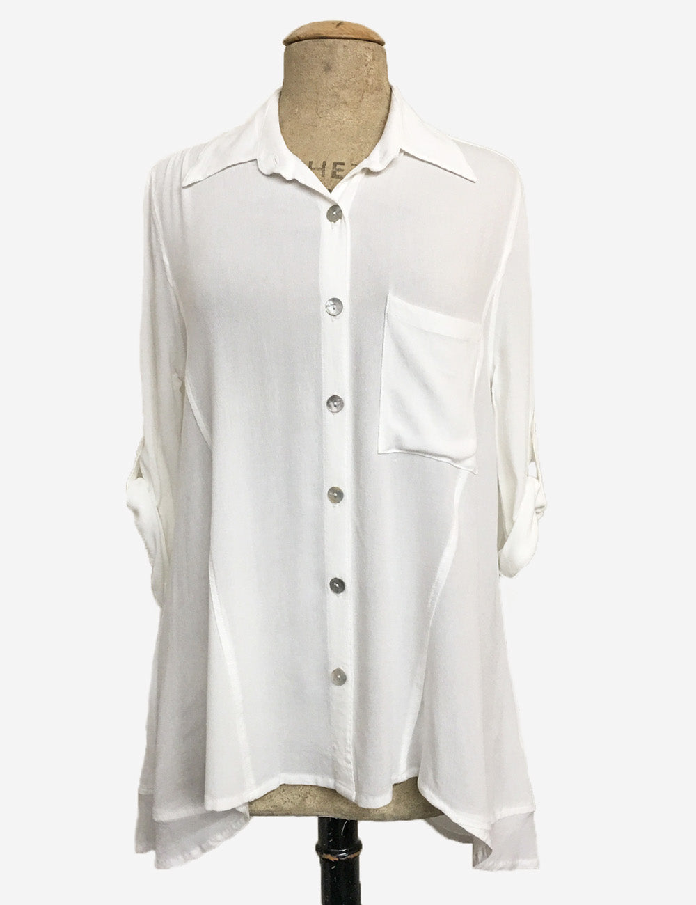 Solid White Summery Button Up Collared Hi-Low Blouse