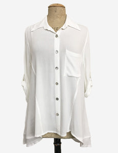 Solid White Summery Button Up Collared Hi-Low Blouse