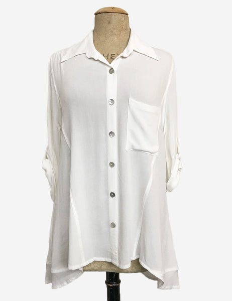 Solid White Summery Button Up Collared Hi-Low Blouse