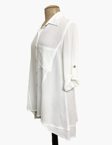 Solid White Summery Button Up Collared Hi-Low Blouse