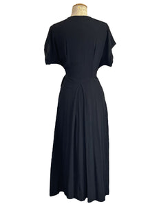 1940s Inspired Solid Black Cascade Wrap Dress