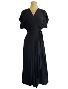 1940s Inspired Solid Black Cascade Wrap Dress