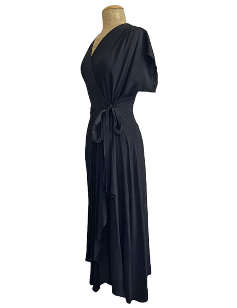 1940s Inspired Solid Black Cascade Wrap Dress