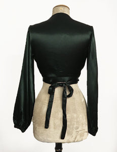 Dark Emerald Green Satin Balloon Sleeve Babaloo Crop Wrap Top