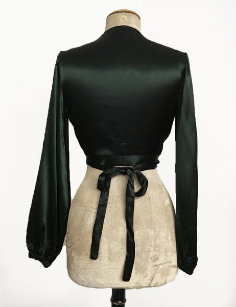 Dark Emerald Green Satin Balloon Sleeve Babaloo Crop Wrap Top
