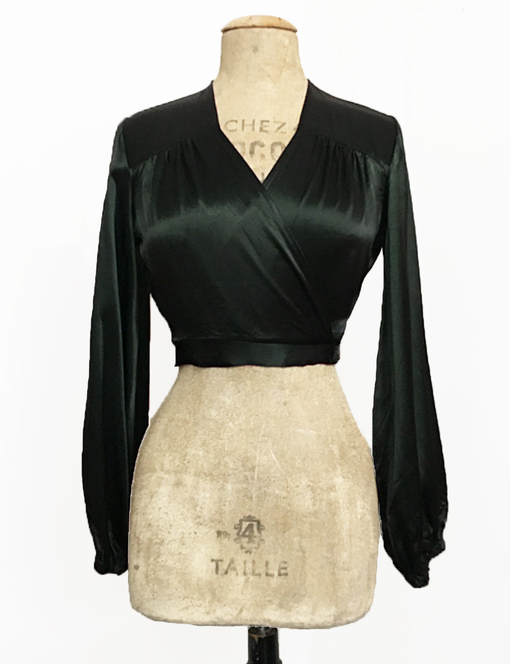 Dark Emerald Green Satin Balloon Sleeve Babaloo Crop Wrap Top