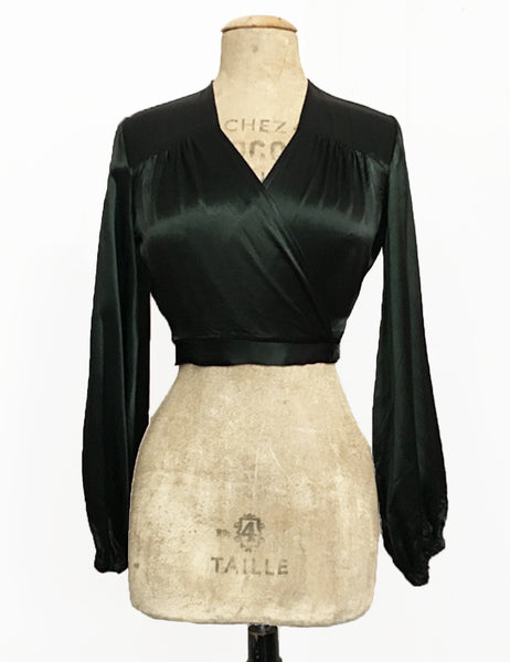 Dark Emerald Green Satin Balloon Sleeve Babaloo Crop Wrap Top