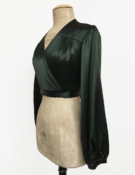 Dark Emerald Green Satin Balloon Sleeve Babaloo Crop Wrap Top