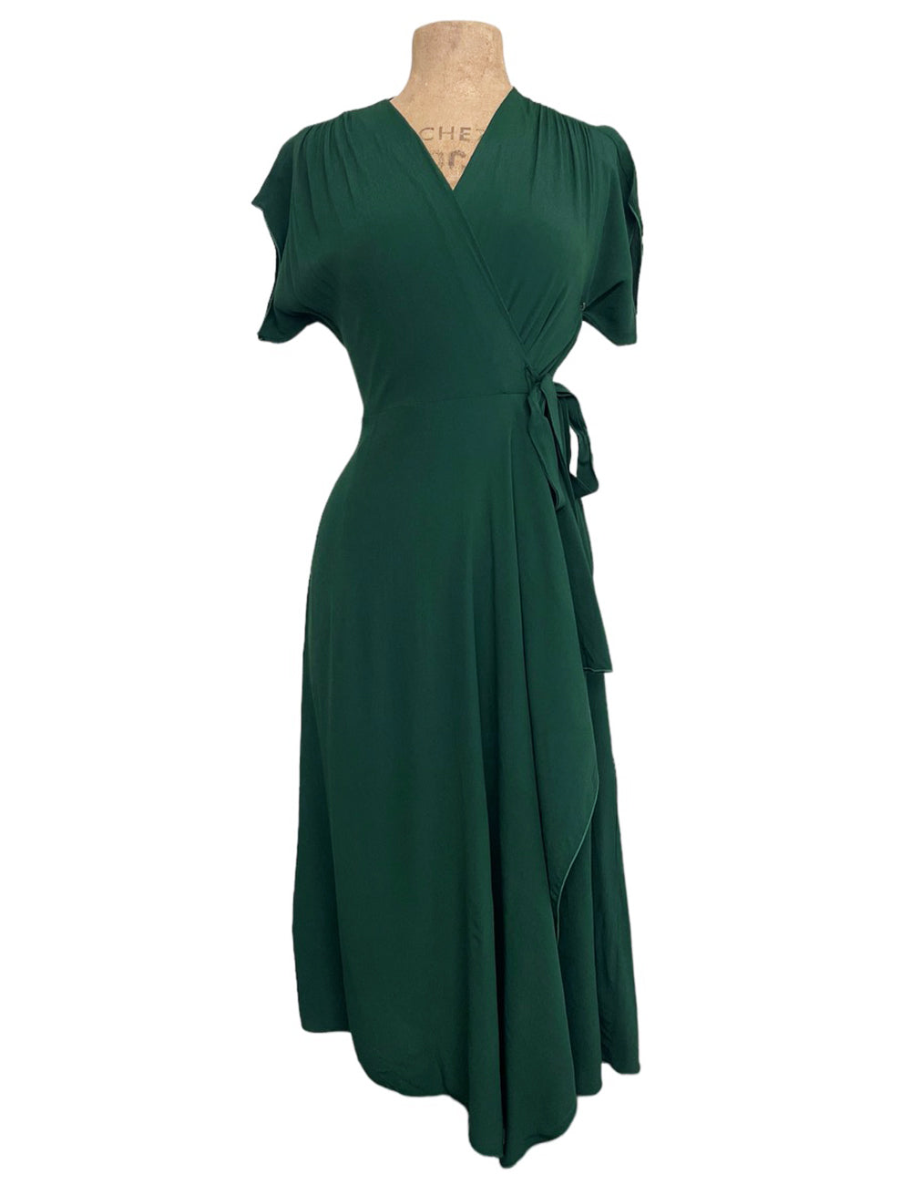 Evergreen 1940s Inspired Cascade Wrap Dress