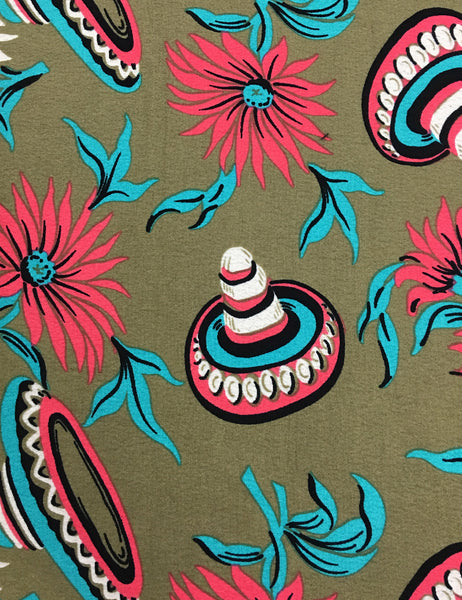 Olive Green Sombrero Print Button Up Boyfriend Camp Shirt