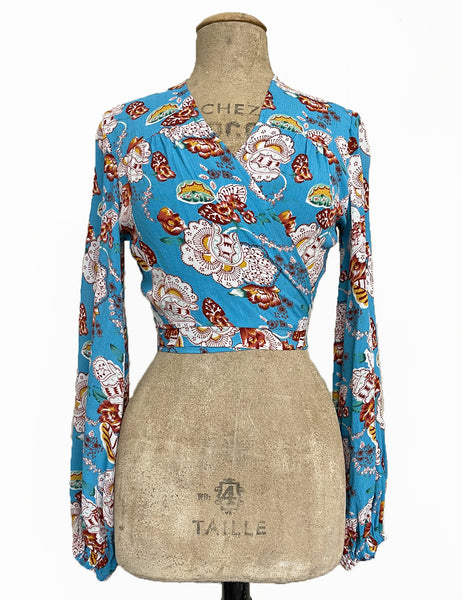 FINAL SALE - Blue Spanish Porcelain Babaloo Drama Sleeve Wrap Top
