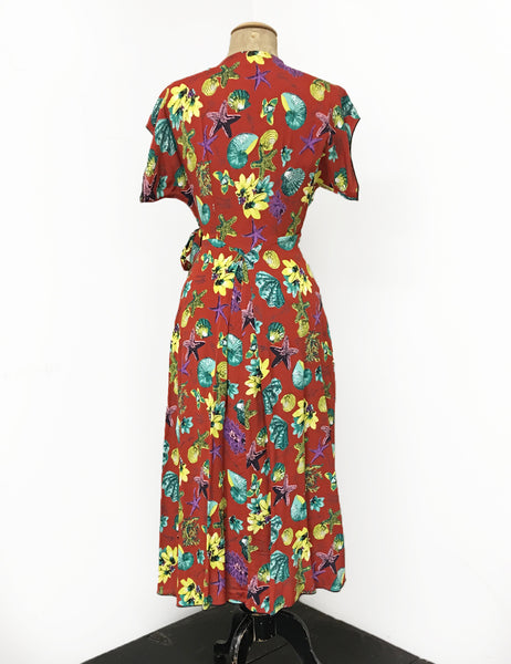 Doris Mayday for Loco Lindo - Rust Red Star of the Sea 1940s Cascade Wrap Dress