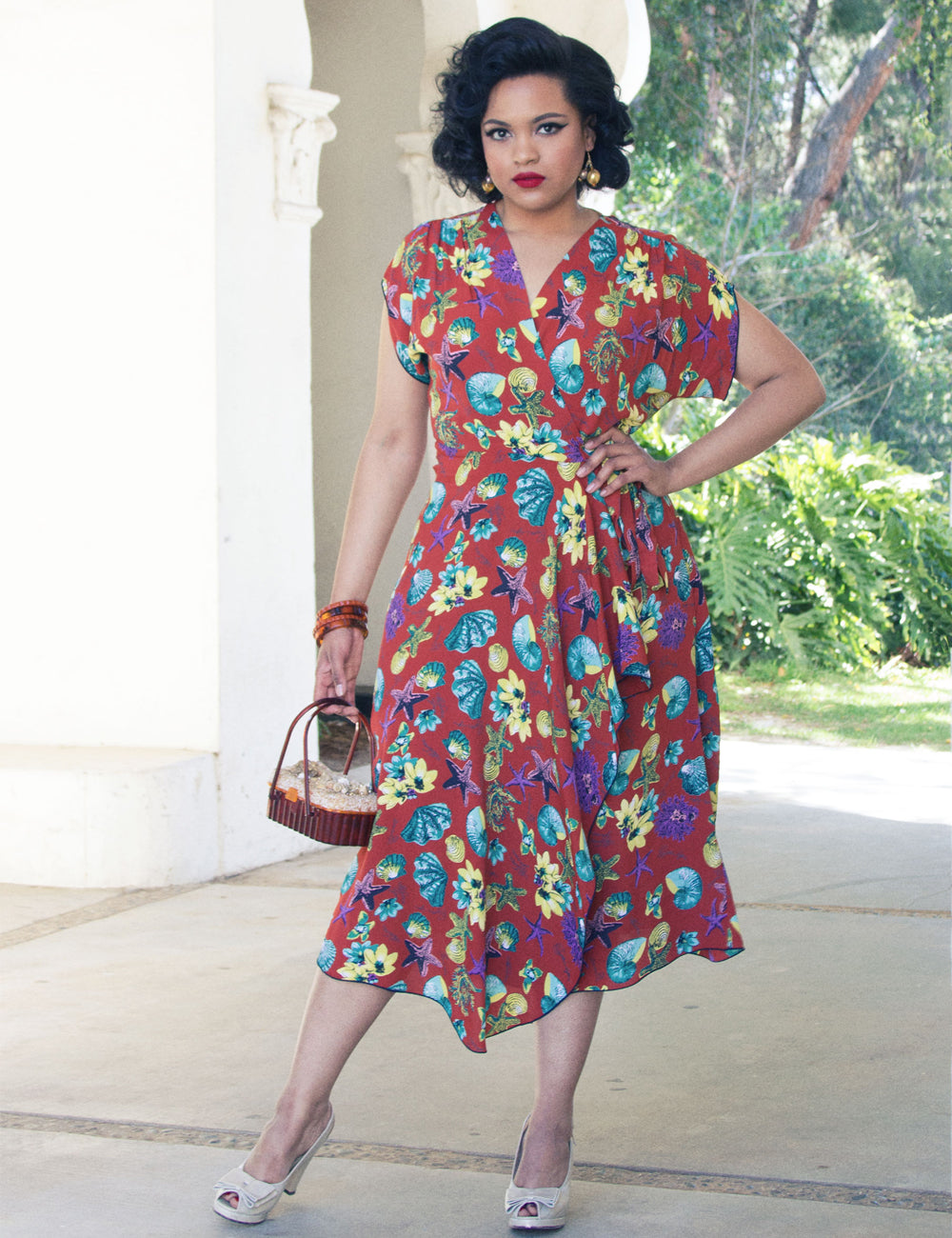 Doris Mayday for Loco Lindo - Rust Red Star of the Sea 1940s Cascade Wrap Dress