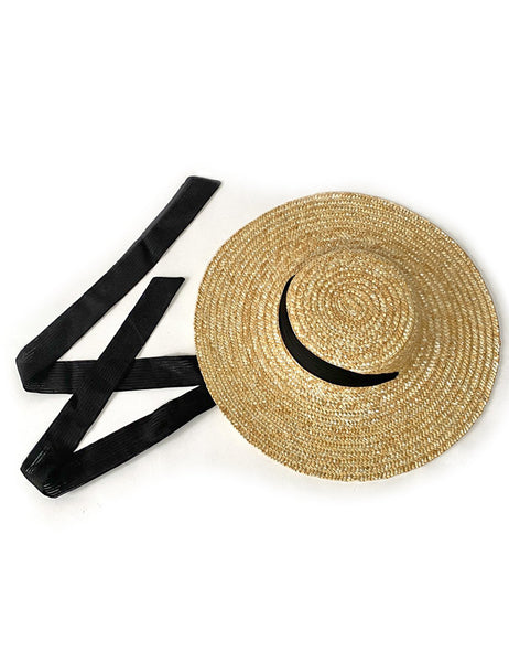 Vintage Style Large Brim Woven Straw Hat With Black Ribbon