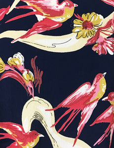Navy & Pink Vintage Swallow Print Button Up Mandarin Collar Tea Timer Top