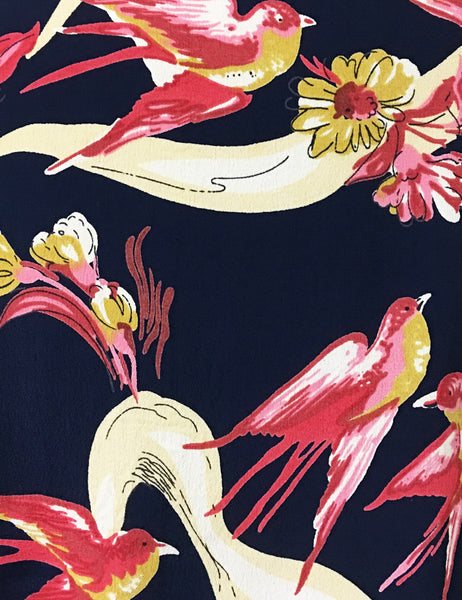 Navy & Pink Vintage Swallow Print Button Up Mandarin Collar Tea Timer Top