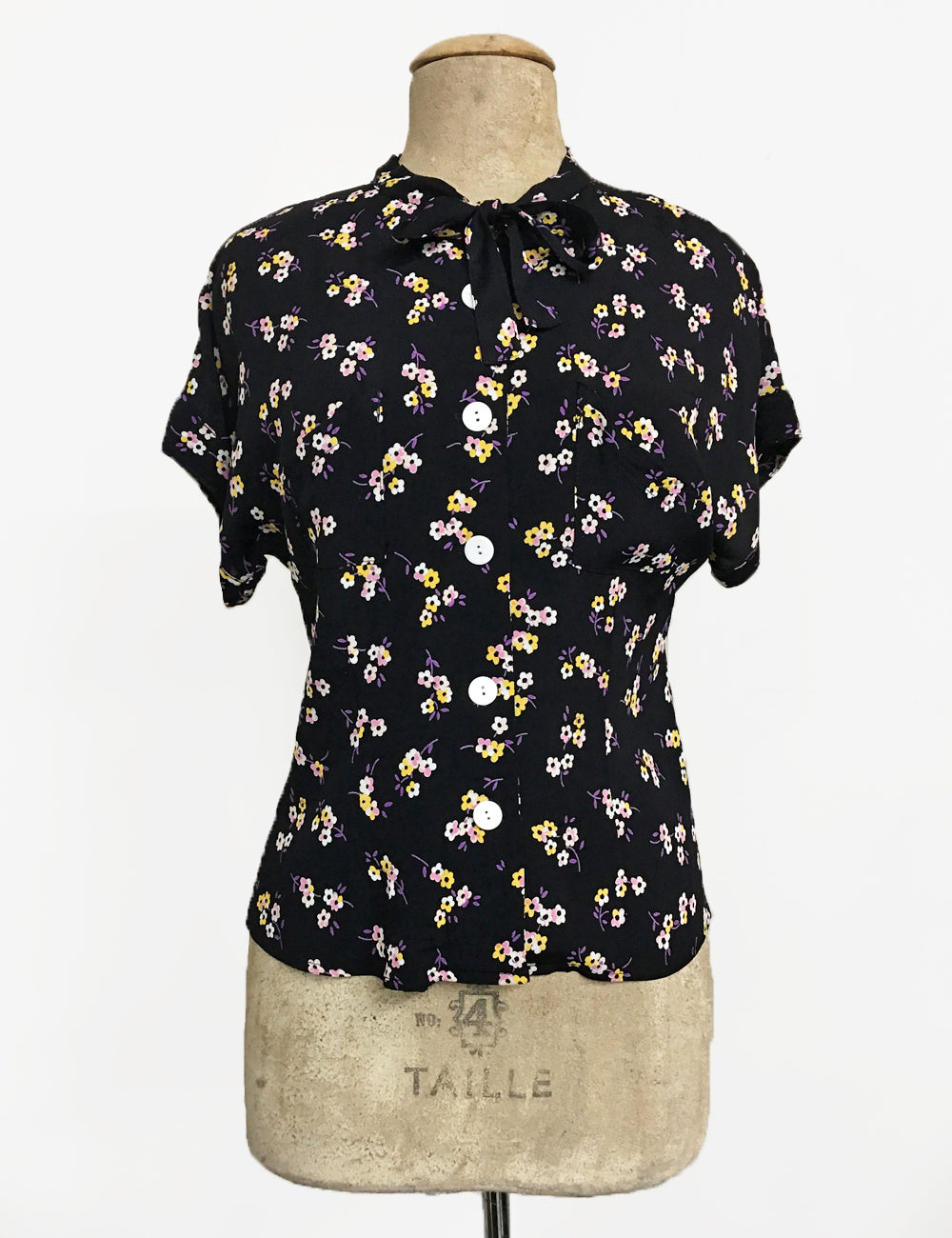 Black Delicate Floral Vintage Style Amanda Tie Blouse