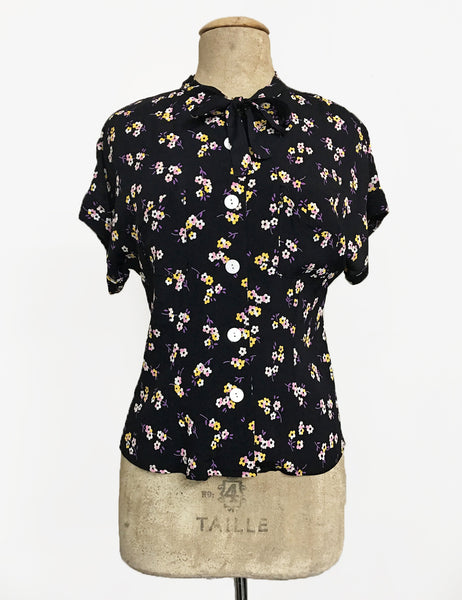 Black Delicate Floral Vintage Style Amanda Tie Blouse