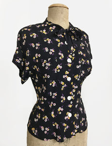 Black Delicate Floral Vintage Style Amanda Tie Blouse