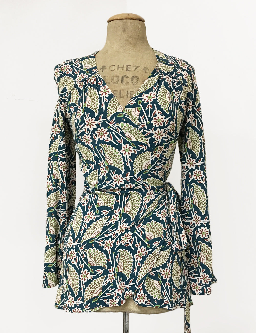 Teal Egyptian Fan Print Biba Wrap Top - FINAL SALE
