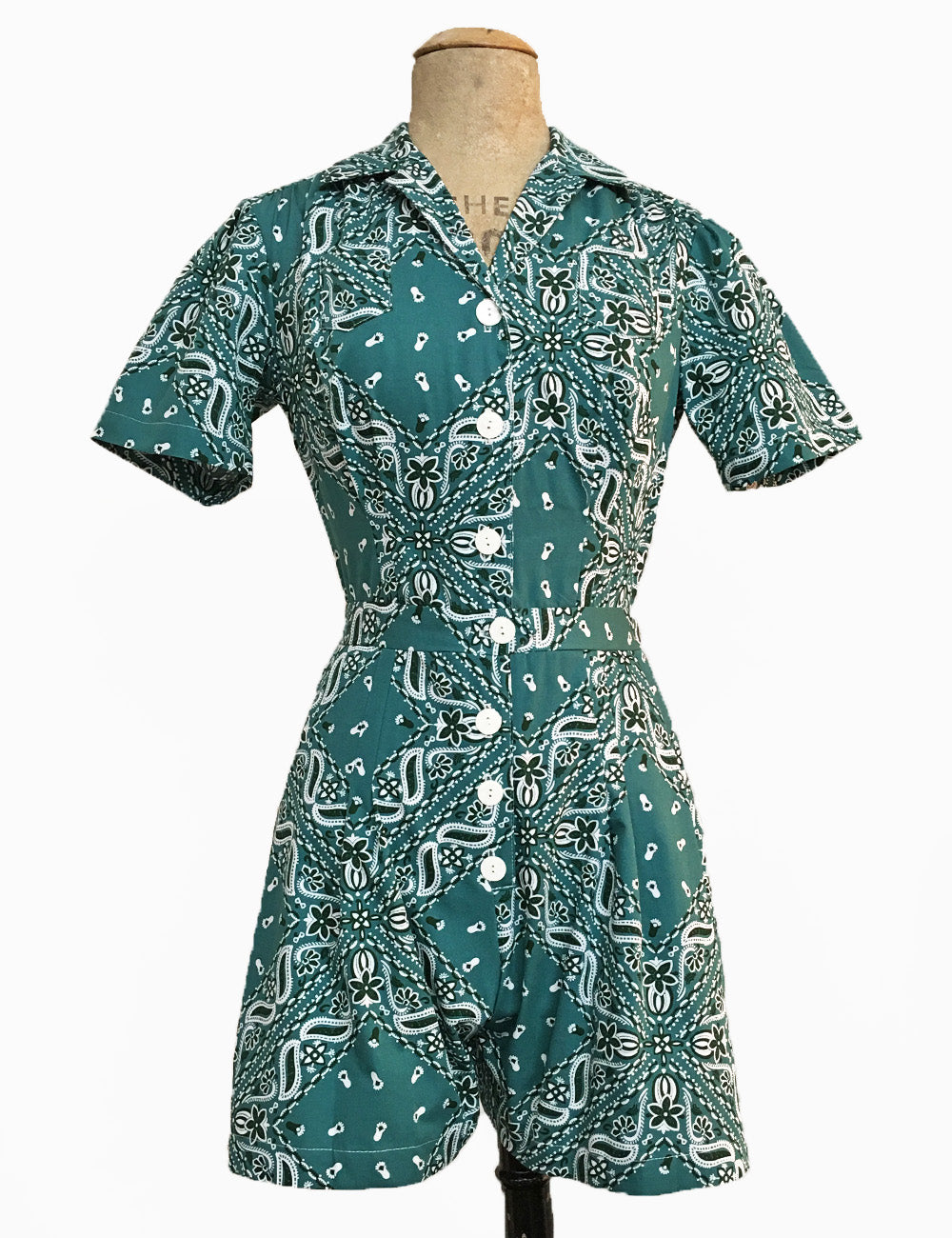 Scout for Loco Lindo Teal Green Bandana Print 1940s Carolina Romper
